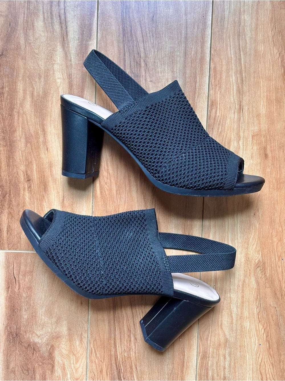 Women's Black Stretchy Knit Slingback Block Heel Sandals